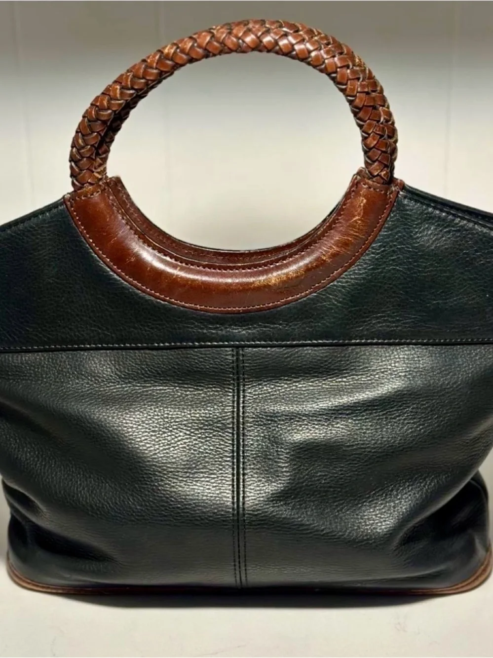Fossil Dark Green Vintage Leather Tote with Brown Braided Handles